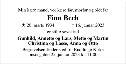 Dødsannoncen for Finn Bech - Gentofte