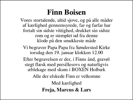 Dødsannoncen for Finn Boisen - Holbæk