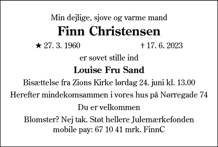 Dødsannoncen for Finn Christensen - Esbjerg