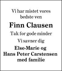 Dødsannoncen for Finn Clausen - 6261 Bredebro