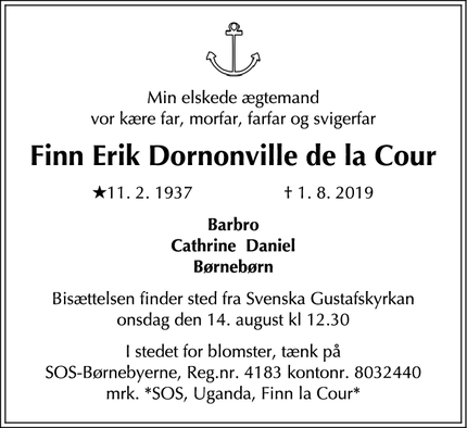 Dødsannoncen for Finn Erik Dornonville de la Cour - Kgs Lyngby