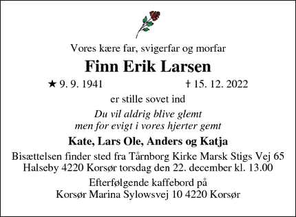 Dødsannoncen for Finn Erik Larsen - Før Stestrup - Nu Korsør 