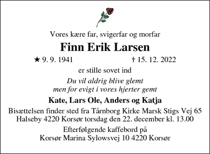 Dødsannoncen for Finn Erik Larsen - Før Stestrup - Nu Korsør
