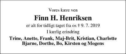 Dødsannoncen for Finn H. Henriksen - Roslev