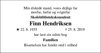 Dødsannoncen for Finn Hendriksen - Kastrup