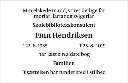 Dødsannoncen for Finn Hendriksen - Kastrup