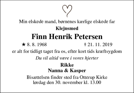 Dødsannoncen for Finn Henrik Petersen - Otterup