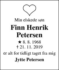 Dødsannoncen for Finn Henrik
Petersen - Otterup