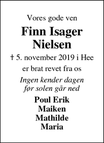 Dødsannoncen for Finn Isager
Nielsen - Hee 6950 Ringkøbing 