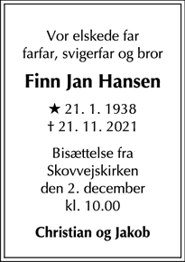 Dødsannoncen for Finn Jan Hansen - Ballerup