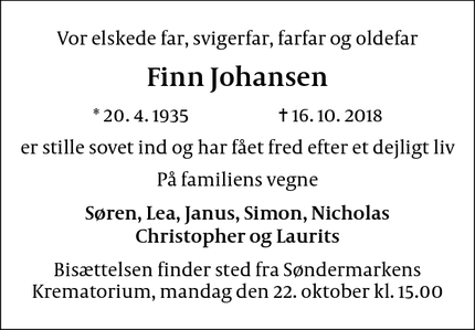 Dødsannoncen for Finn Johansen - Stenløse