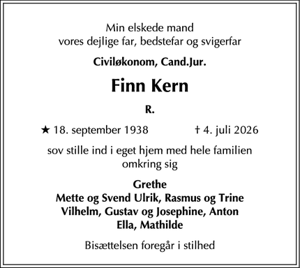 Dødsannoncen for Finn Kern - Gentofte