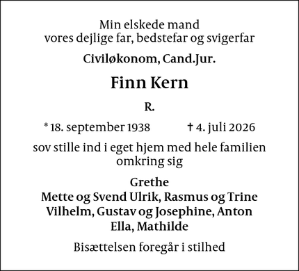 Dødsannoncen for Finn Kern - Gentofte