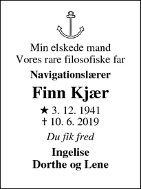 Dødsannoncen for Finn Kjær - Marstal