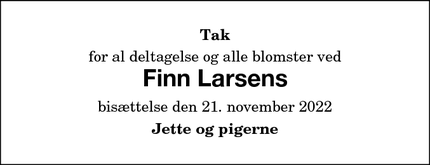 Dødsannoncen for Finn Larsens - Nykøbing F.