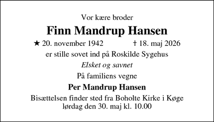 Dødsannoncen for Finn Mandrup Hansen - Køge