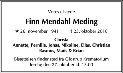 Dødsannoncen for Finn Mendahl Meding - Albertslund, Danmark