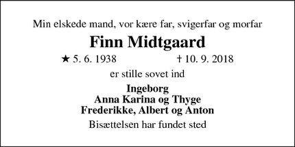 Dødsannoncen for Finn Midtgaard - Tårnby