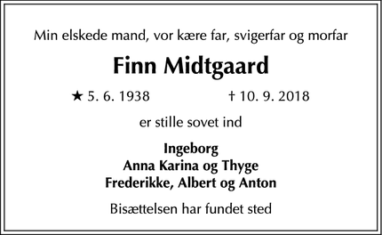 Dødsannoncen for Finn Midtgaard - Tårnby