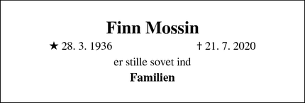 Dødsannoncen for Finn Mossin - Stenløse