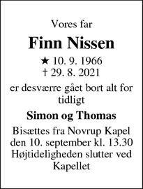 Dødsannoncen for Finn Nissen - Esbjerg