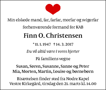 Dødsannoncen for Finn O. Christensen - København