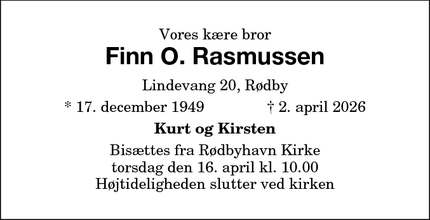 Dødsannoncen for Finn O. Rasmussen - Rødby