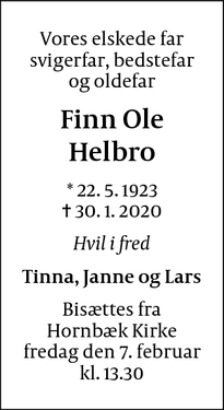 Dødsannoncen for Finn Ole
Helbro - Espergærde