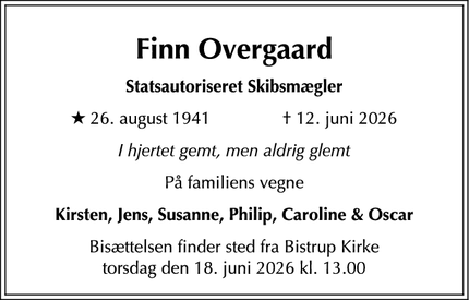 Dødsannoncen for Finn Overgaard - Frederiksberg c