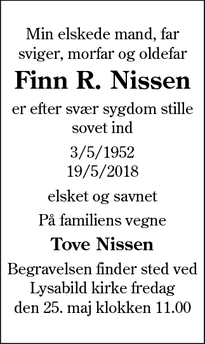 Dødsannoncen for Finn R. Nissen - Tandslet