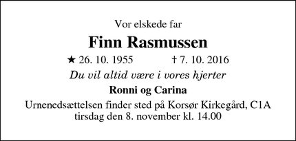 Dødsannoncen for Finn Rasmussen - Korsør
