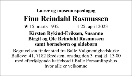 Dødsannoncen for Finn Reindahl Rasmussen - Randbøldal, 7183 Randbøl