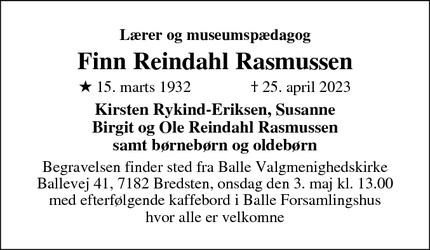 Dødsannoncen for Finn Reindahl Rasmussen - Randbøldal, 7183 Randbøl