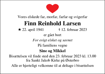 Dødsannoncen for Finn Reinhold Larsen - København