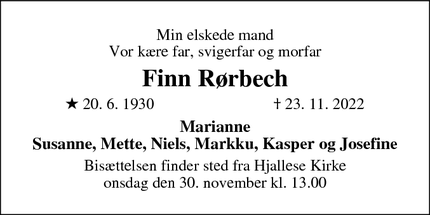 Dødsannoncen for Finn Rørbech - Odense S