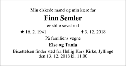 Dødsannoncen for Finn Semler - Jyllinge