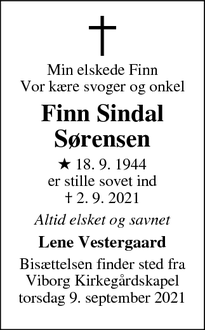 Dødsannoncen for Finn Sindal
Sørensen - Løgstrup