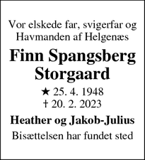 Dødsannoncen for Finn Spangsberg Storgaard - Knebel 