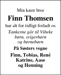 Dødsannoncen for Finn Thomsen - 7100 BREDSTEN