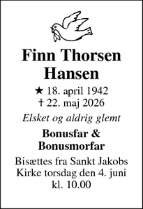 Dødsannoncen for Finn Thorsen Hansen - København