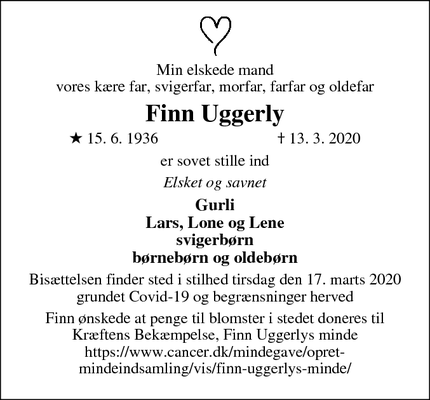 Dødsannoncen for Finn Uggerly - Brønderslev 