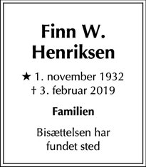Dødsannoncen for Finn W. Henriksen - Holte