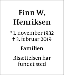 Dødsannoncen for Finn W. Henriksen - Holte
