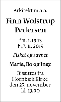 Dødsannoncen for Finn Wolstrup Pedersen - København V