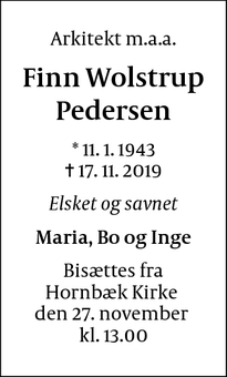 Dødsannoncen for Finn Wolstrup Pedersen - København V