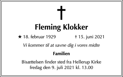 Dødsannoncen for Fleming Klokker - Hellerup