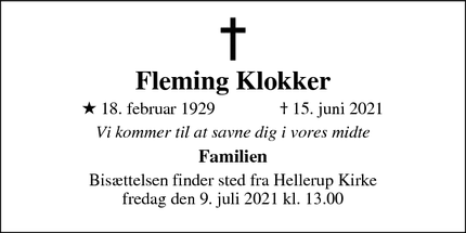 Dødsannoncen for Fleming Klokker - Hellerup