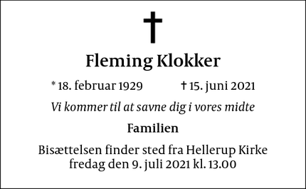 Dødsannoncen for Fleming Klokker - Hellerup