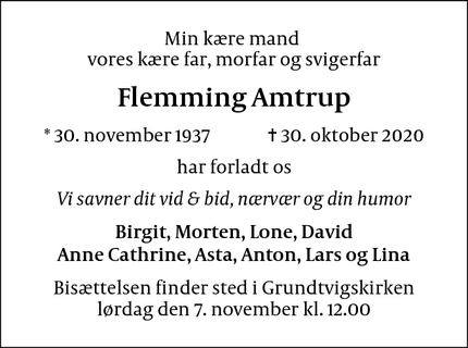 Dødsannoncen for Flemming Amtrup - København Ø