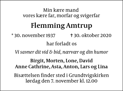 Dødsannoncen for Flemming Amtrup - København Ø